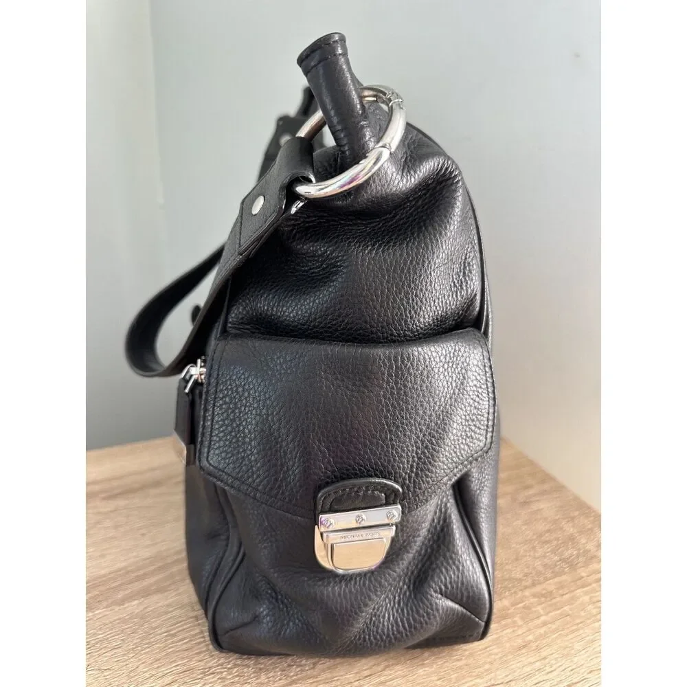 Michael Kors Black Pebbled Leather Hobo Shoulder Bag Silver Hardware MK Charm